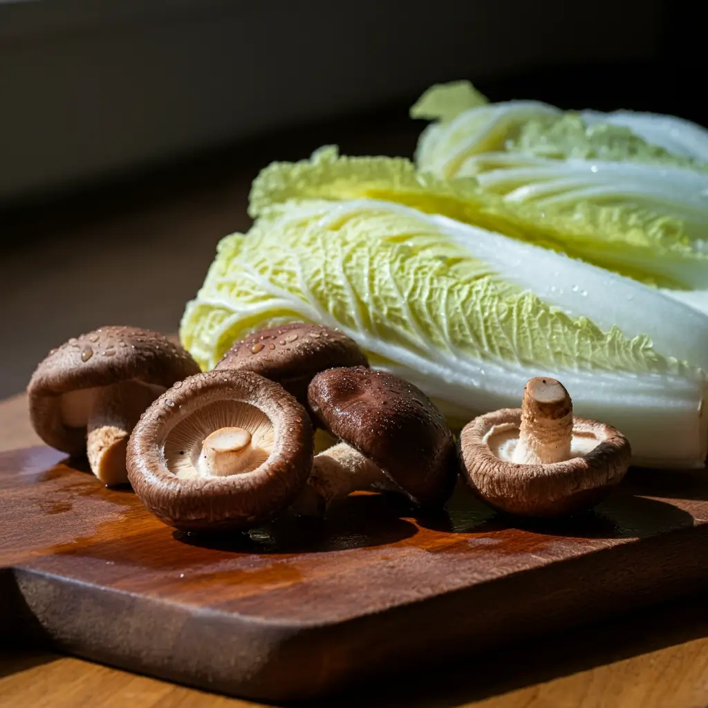 木製のまな板の上に芸術的に並べられたキノコと新鮮な白菜