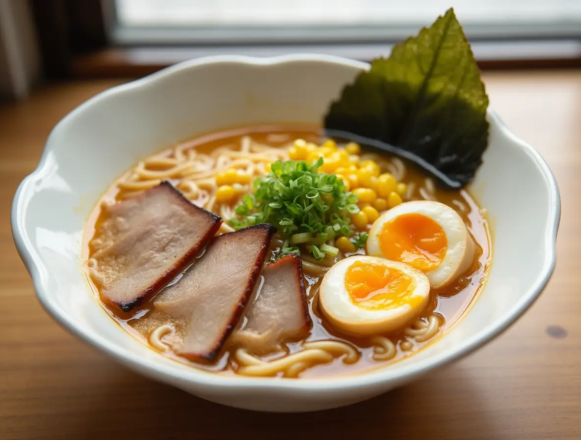 北海道味噌ラーメンの自家製レシピ。黄金色のスープに太めの麺、豚バラ、甘いコーン、半熟味玉、刻みネギがのった一品。木製テーブルに置かれた温かみのある写真。
