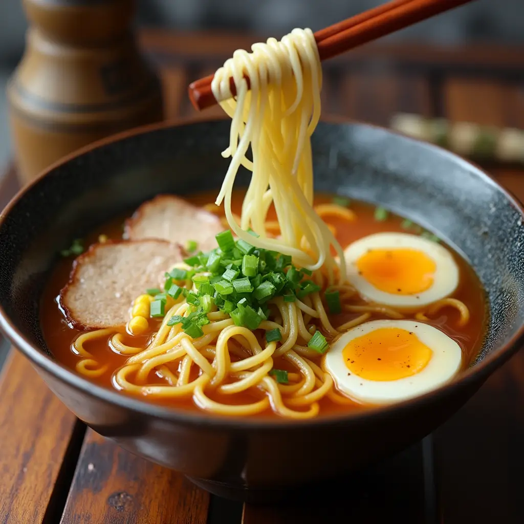 自家製の札幌味噌ラーメンのクローズアップ