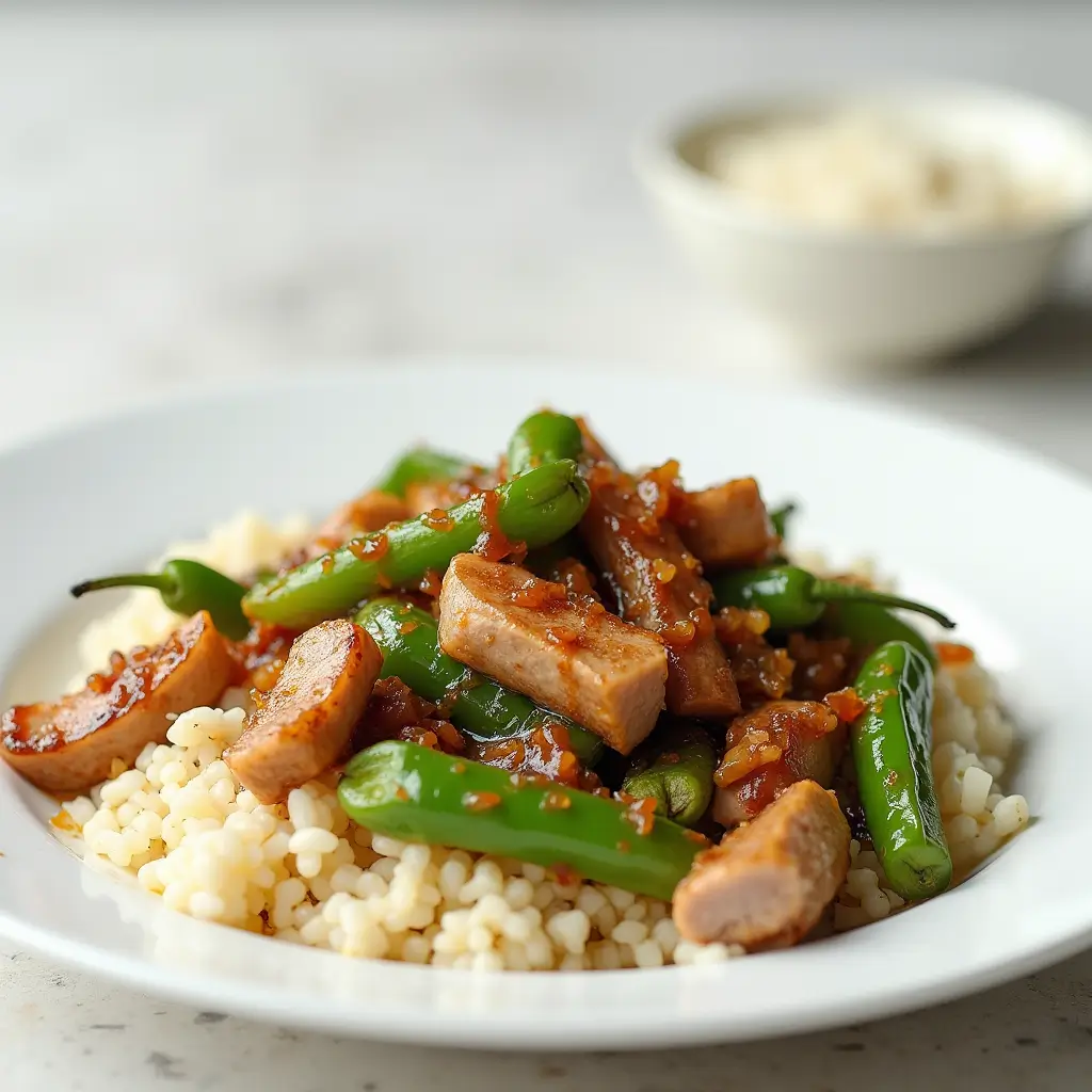 炒められたししとうと豚肉のシンプルな和風料理